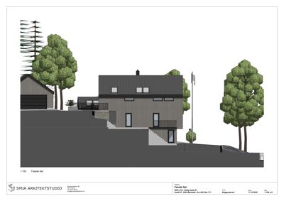 Fasadetegning (opprikk) av en bygning sett fra siden, med visuell fremstilling av fasadematerialer, vinduer, tak og terrengforhold.