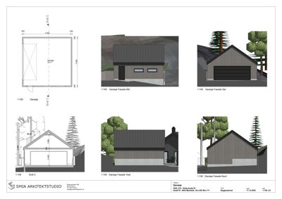 Fasadetegninger for en garasje sett fra fire ulike sider (Øst, Sør, Vest, Nord), inkludert et snitt (Snitt C) og en planutsnitt.