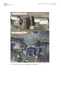 Situasjonsplan som viser bygningenes plassering før og etter utbygging, inkludert orientering (N) og omgivelser.