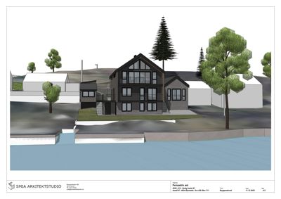 Fotografi av en arkitekttegning som viser en 3D-visualisering (rendering) av en husfasade sett fra øst.