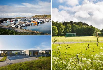 En collage av fire bilder som viser en havn, et fotballområde, og en bygning sett fra utsiden.