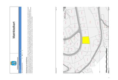 Matrikkelkart som viser eiendomsgrenser og areal for en bygning.