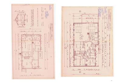 Bildet viser to ark med etasjeplaner (floor plans) for en bygning. Planene viser romfordeling, veggtykkelse, dører, vinduer og mål på rommet.