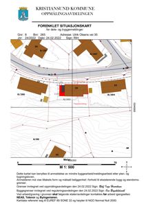 Forenklet situasjonskart som viser tomtens plassering i forhold til nabolaget, bygninger og veggrenser.