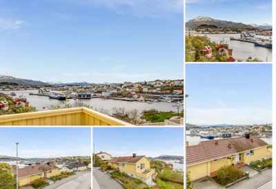 En collage av flere fotografier som viser utsikt over et havneområde og en gule hus fra ulike vinkler.