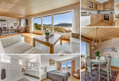 En collage av flere foton som viser interiøret i et hus, inkludert stue, kjøkken, soverom og bad.