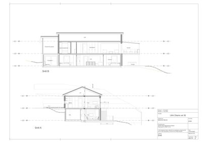 Tegning som viser tverrsnitt (snitt) av en bygning, med merkingen 'Snitt A' og 'Snitt B'.
