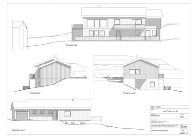 Tegning som viser de fire fasadene (nord, øst, vest, sør) på en eksisterende bygning.