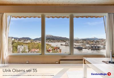 Fotografi av et interiør med utsikt gjennom vinduer over et havneområde.