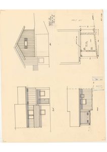 Bildet viser en tegning med fasadeopprikk (fra flere vinkler) og et takplan/loftplan for en bygning.