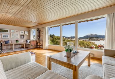 Fotografi av et innendørs stueområde med utsikt over en by og fjord.