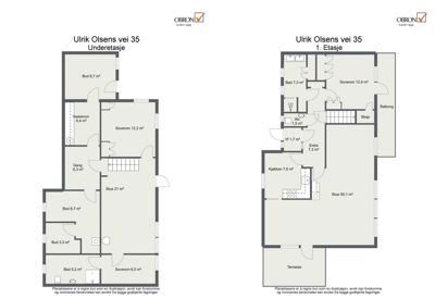 Bildet viser etasjeplaner for 'Underetasje' og '1. Etasje' av en bolig på Ulrik Olsens vei 35.