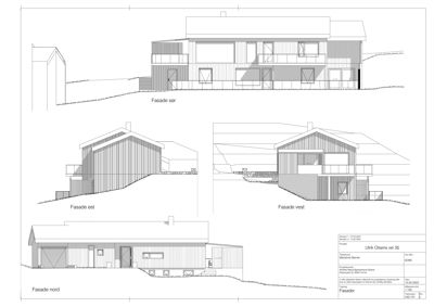 Bildet viser en tegning med fasadeoppriks for en bygning sett fra fire ulike sider (nord, øst, vest, sør).