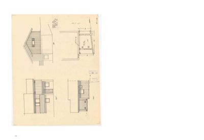 Bildet viser en tegning med fasadeoppvisninger (fra flere vinkler) av en bygning, sannsynligvis en hytte eller en mindre bolig.