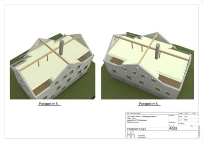 3D-visualisering (rendering) av et boligprosjekt med to perspektiver (Perspektiv 5 og 6) som viser fasade, tak og deler av takkonstruksjonen.