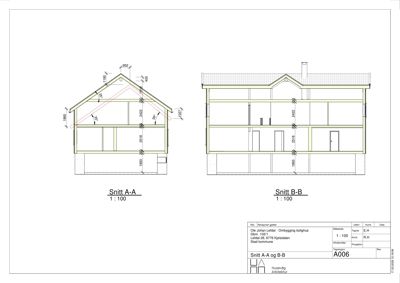 Tegning som viser to snitt (A-A og B-B) gjennom en bolig, med mål på høyder, takhøyder og romfordeling.