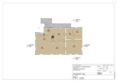Plantegning av første etasje (1. etg.) med romnummer, arealer og snittlinjer.