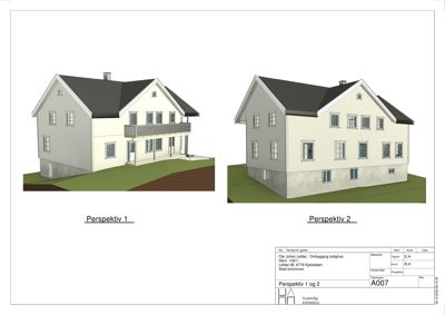 Bildet viser to perspektivtegninger (3D-visualiseringer) av en bolig. Det er tegnet inn en grunnplan med grønt og brunt for å vise terreng og beplantning.