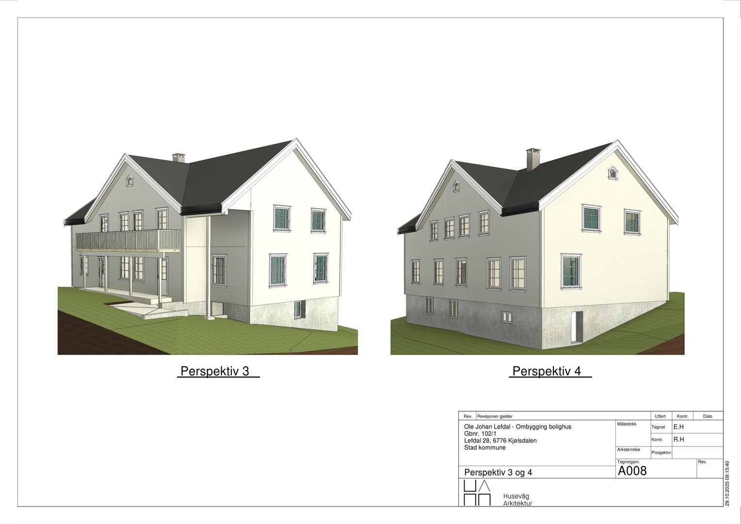 3D-visualisering (rendering) av en bolig med to perspektivvisninger (Perspektiv 3 og 4).