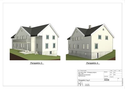 3D-visualisering (rendering) av en bolig med to perspektivvisninger (Perspektiv 3 og 4).