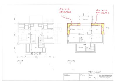 Arkitekttegning som viser to etasjeplaner (loft og u-etasje) med romfordeling, mål og håndskrevne merknader om endringer.