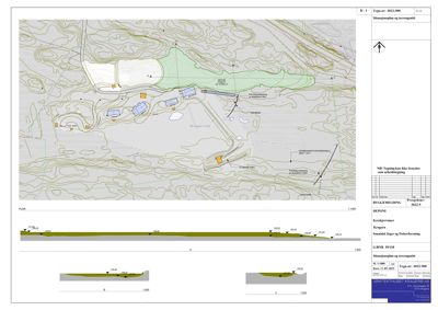 Situasjonsplan og terrengsnitt som viser bygningenes plassering i forhold til terrenget, konturlinjer og eksisterende infrastruktur.