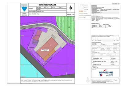 Situasjonskart som viser eiendomsgranser, bebyggelse, tomteareal og regninger for en tomt i Torallvegen 105.