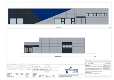 Fasadetegning som viser bygningens utseende fra to vinkler: Fasadene Sørøst og Nordøst.