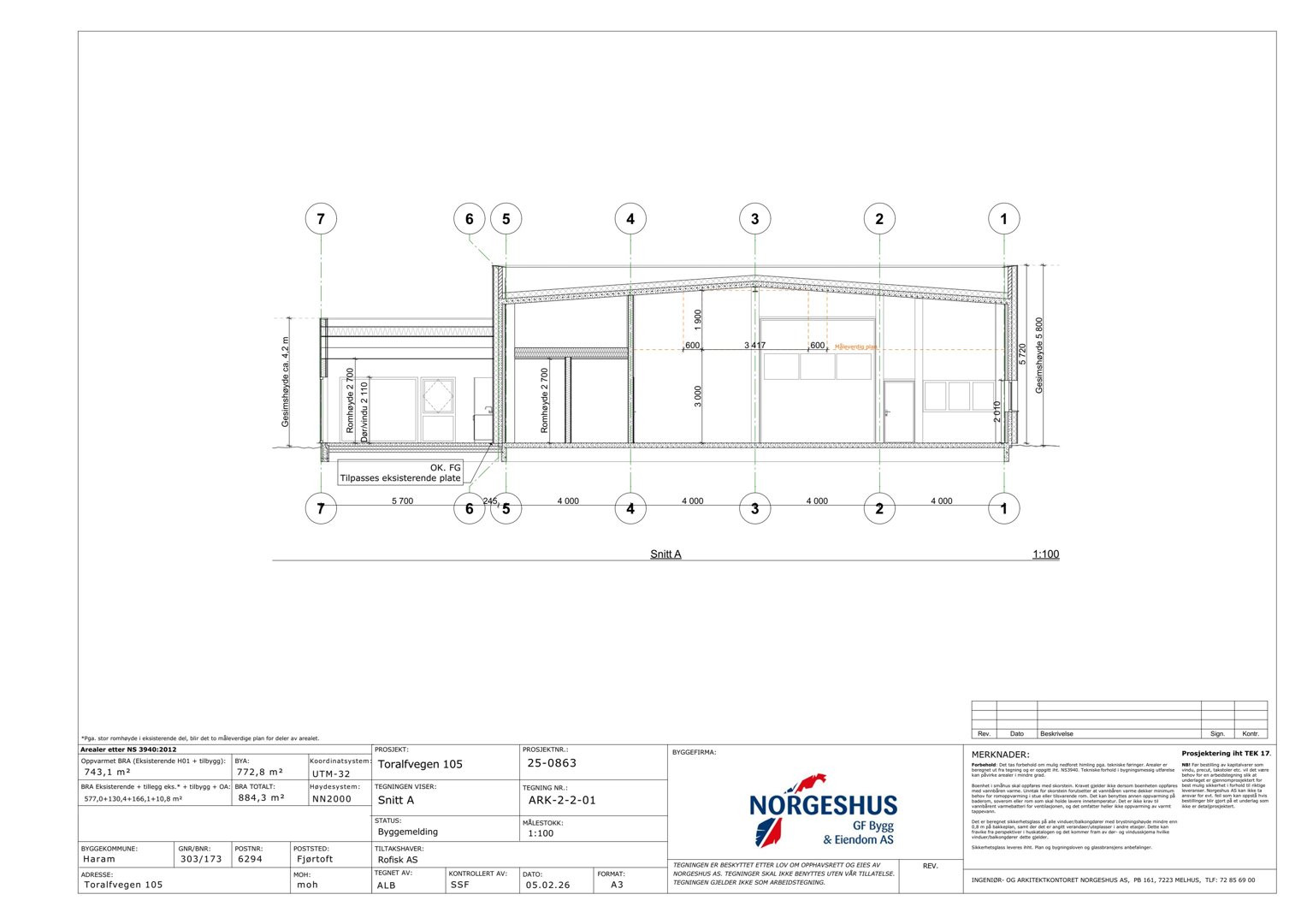 Fasadetegning (opprikk) av en bygning sett fra fronten, med mål og detaljer.