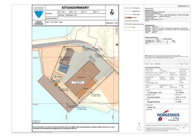 Situasjonskart som viser eiendomsgrenser, tomteforhold, eksisterende og planlagt bygning, samt parkeringsareal.