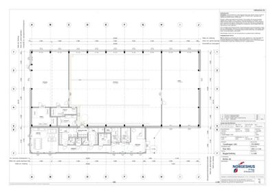Etasjeplan (1. etasje) som viser romfordeling, dimensjoner og bygningsstruktur.