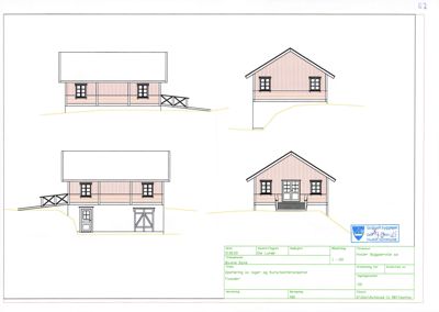Fasadetegning som viser bygningens utsyn fra fire ulike vinkler (for, bak, venstre og høyre side).