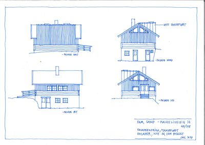 En håndtegnet fasadetegning som viser fire utsnitt av en bygning (vest, nord, øst og syd), inkludert detaljer om takoppføring og fasadeendring.