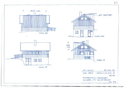 Fasadetegning med oppriss av bygning sett fra fire sider (vest, nord, øst, syd) med mål og beskrivelser.