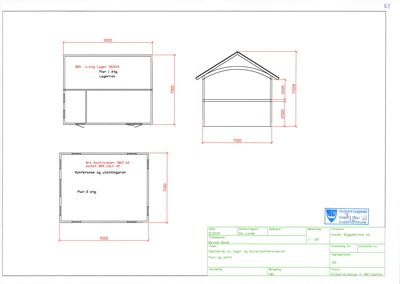 En tegning som viser etasjeplaner (Plan 1 og Plan 2) samt et snitt (opprikk) av en bygning, med dimensjoner og rombeskrivelser.