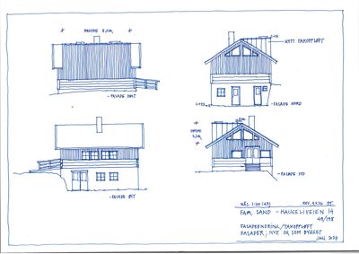 En tegning som viser fire forskjellige fasader (vest, nord, øst, syd) på en bygning med håndskrevne notater om mål og endringer.