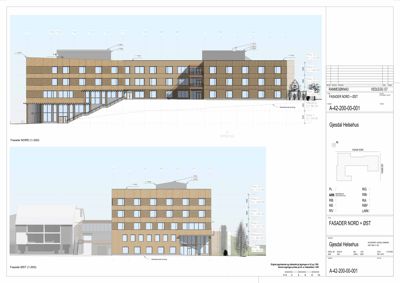 Fasadetegning av bygningen sett fra nord og øst med høydeangivelser og etasjer.