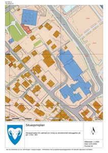 Situasjonsplan som viser bebyggelse, veier og tomtegrenser i et område.