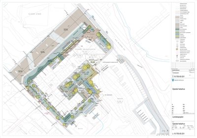 Landskapsplan for Gjesdal helsehus som viser plassering av bygninger, parkeringsplasser og beplantning.