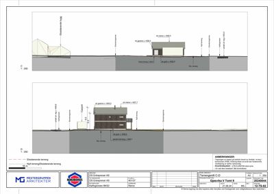 Tegning som viser tverrsnitt gjennom bygningen (terrensnitt C-D) med oppgitt høyder og terrengforhold.