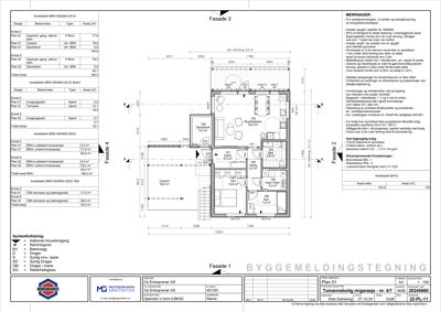 Fasadetegning som viser fasade 1, 3 og 4 med mål, vindusoppsett og merknader om materialer og konstruksjon.