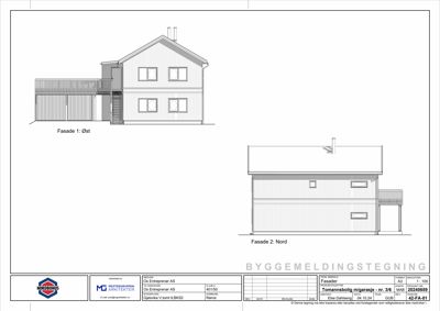 Fasadetegning som viser bygningens utsyn fra øst og nord.