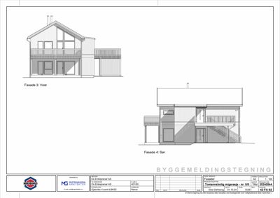 Fasadetegning som viser bygningens utseende fra vest (Fasade 3) og sør (Fasade 4).