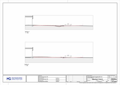 Tegning som viser terrengsnitt langs to ulike strekninger (Section 4 og Section 5) med høydemål.