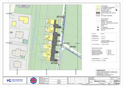 Situasjonsplan som viser tomtens beliggenhet, naboeiendommer, vegnett, arealdata og byggegrenser.