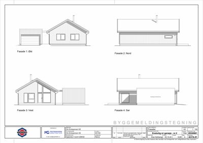 Fasadetegning som viser bygningens utseende fra fire sider (Øst, Nord, Vest, Sør).