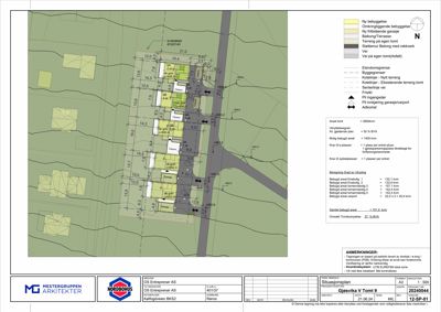 Situasjonsplan som viser tomtens grenser, bygningers plassering, veier og arealdata.