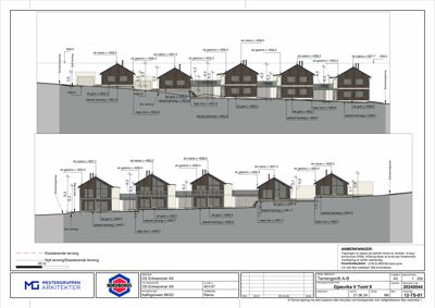 Snittegning som viser tverrsnittet av en rekkehusbebyggelse med detaljer om høyder, terreng og konstruksjoner.