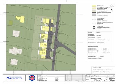 Situasjonsplan (tomteplan) som viser plassering av bygninger, veier og arealer på en tomt.