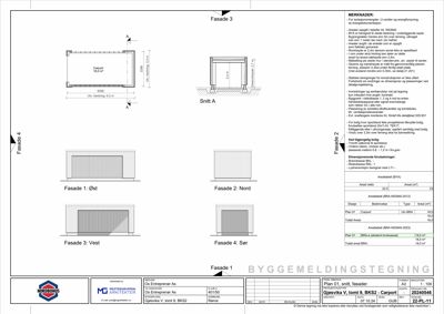 Fasadetegning som viser utsiden av bygningen (Fasade 1-4) med mål og merknader om materialer og konstruksjon.